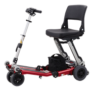 Red scooter with a black seat and handlebar on a white background