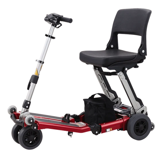 Red scooter with a black seat and handlebar on a white background