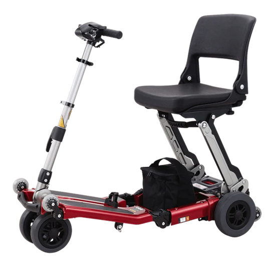 Red scooter with a black seat and handlebar on a white background