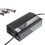 Black battery charger with power cord on a white background