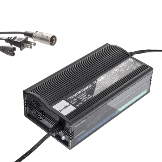 Black battery charger with power cord on a white background