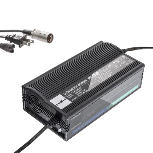 Black battery charger with power cord on a white background