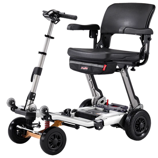 Mobility scooter with a seat on a white background