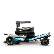 Child's tricycle with blue frame and black seat on a white background
