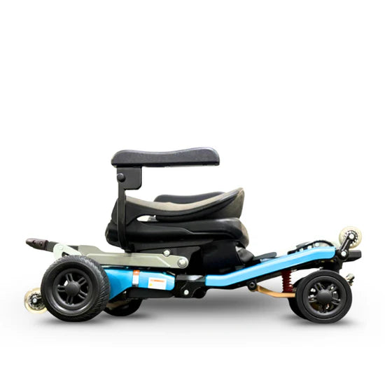 Child's tricycle with blue frame and black seat on a white background