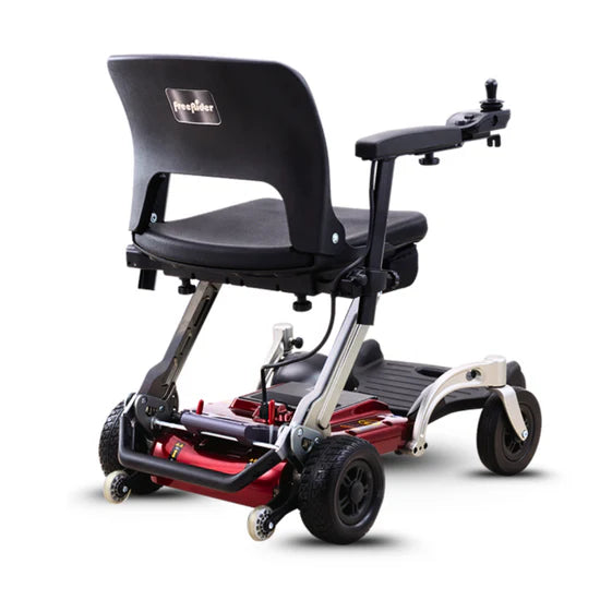 Mobility scooter with a black seat and visible brand logo on a white background