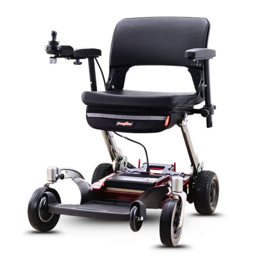 Electric wheelchair with a black seat and silver frame on a white background