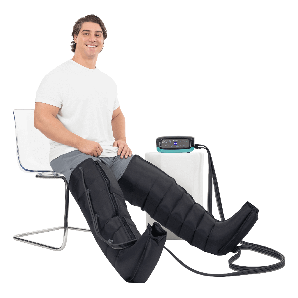 Person using a leg massager with a clear background