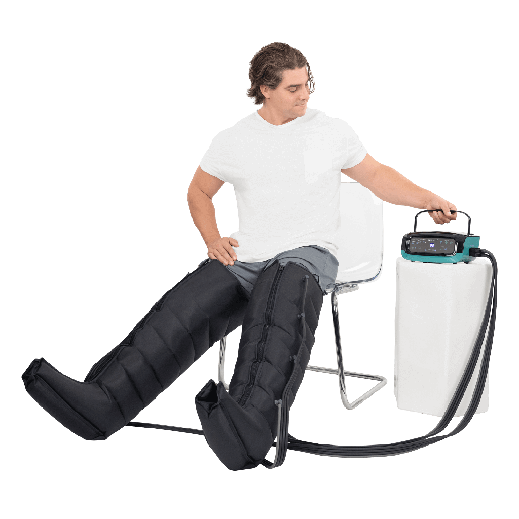 Person using a black massage chair with a white container on a clear background