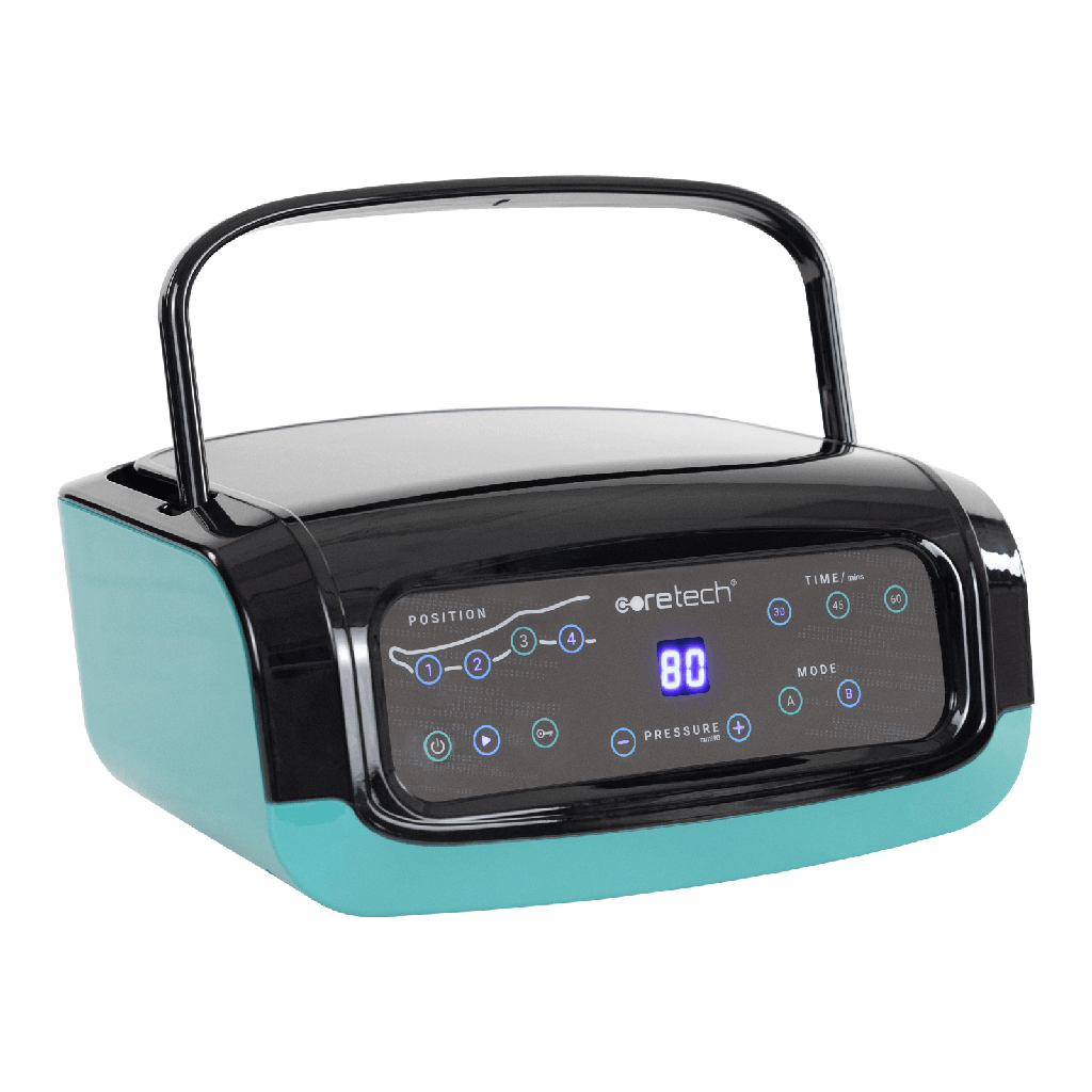 Turquoise and black electronic device with digital display on a white background