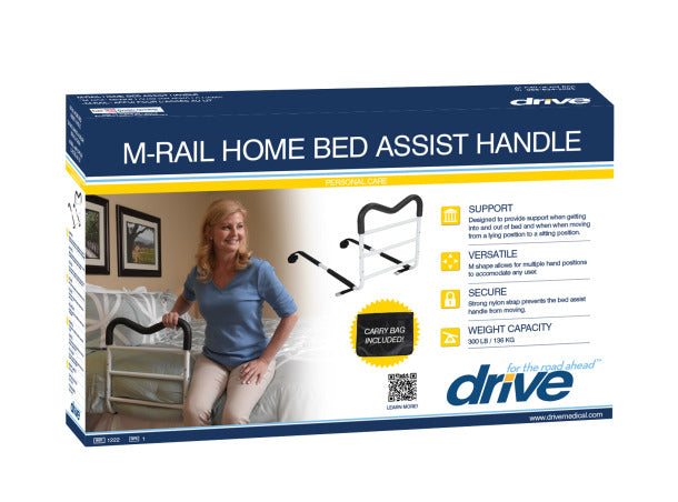 Box of M-Rail Home Bed Assist Handle with a woman using the product on a bed.