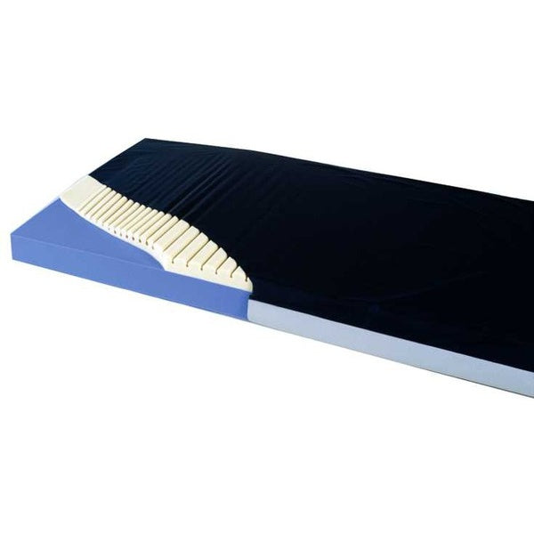 A close-up of a mattress or cushion cross-section showing a dark navy top surface, a cream ribbed inner layer, and a blue side panel on a white background.