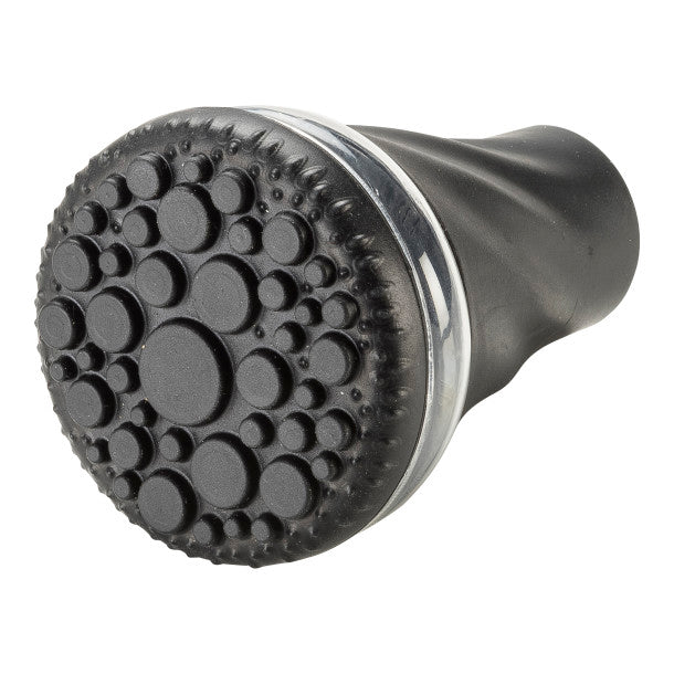 Black and silver shower head on a white background