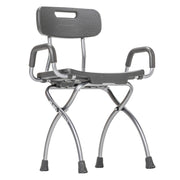Gray shower chair with backrest and armrests on a white background