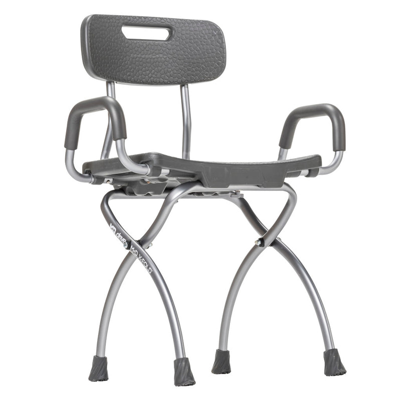Gray shower chair with backrest and armrests on a white background