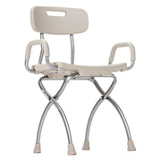 Beige and silver shower chair with backrest on a white background