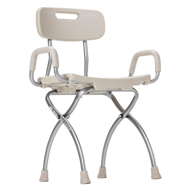 Beige and silver shower chair with backrest on a white background