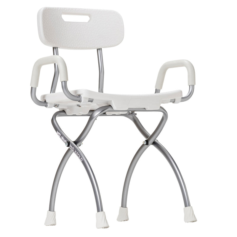 White shower chair with backrest and armrests on a white background