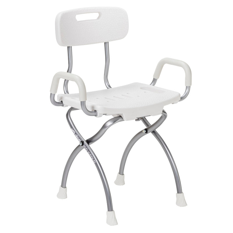 White shower chair with arms and backrest on a white background