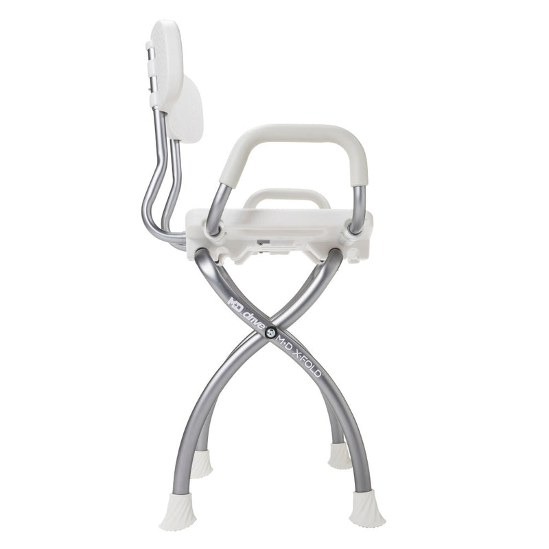 White and silver shower chair with armrests on a white background