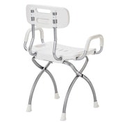 White shower chair with silver frame on a white background