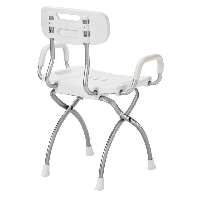 White shower chair with silver frame on a white background