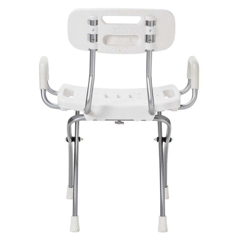 White shower chair with metal frame on a white background