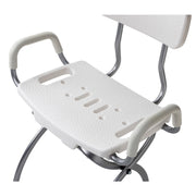 White shower seat with metal frame on a white background
