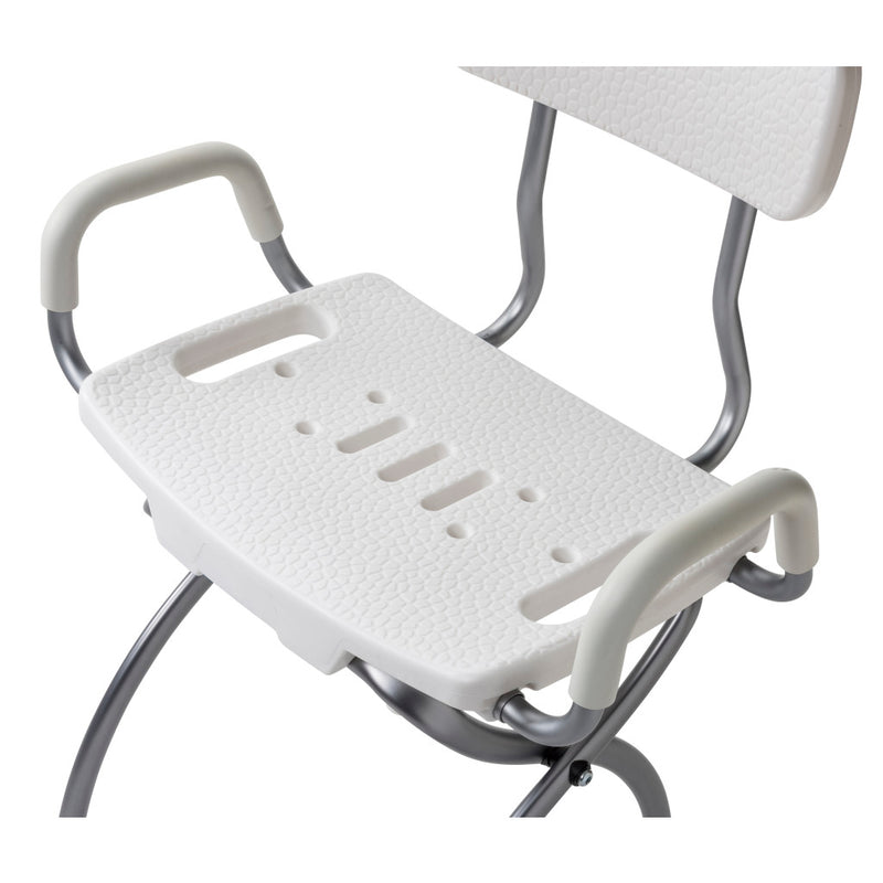 White shower seat with metal frame on a white background