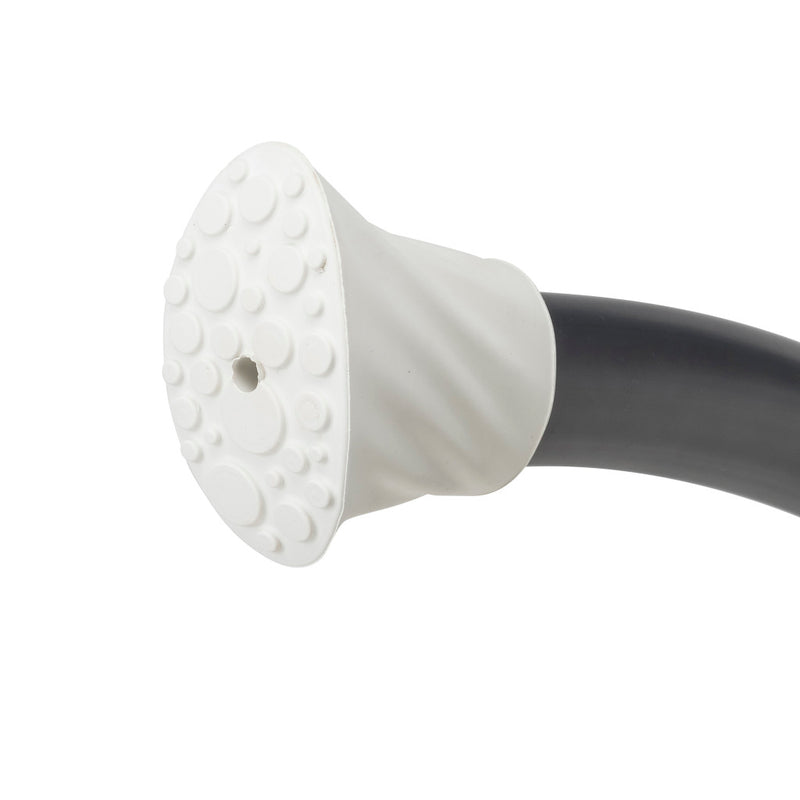 White textured shower head with black hose on a white background
