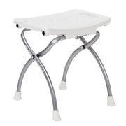 White folding stool with silver metal legs on a white background