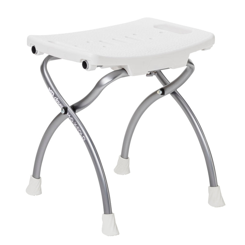 White folding stool with silver metal legs on a white background