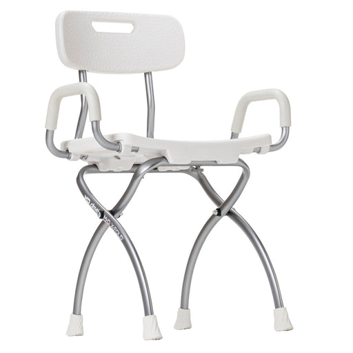 White shower chair with backrest and armrests on a white background