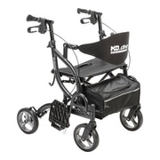 Black rollator with a seat and storage bag on a white background