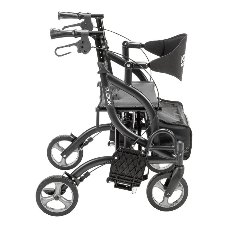 Black and gray rollator with 'Fusion' branding on a white background