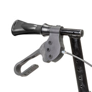 Close-up of a bicycle handlebar with brake lever on a white background