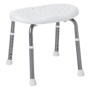 Adjustable shower bench with a white perforated plastic seat and silver metal legs with white non-slip feet, shown on a plain white background.