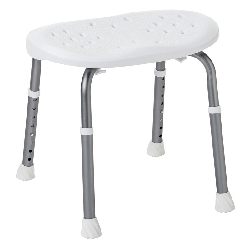 Adjustable shower bench with a white perforated plastic seat and silver metal legs with white non-slip feet, shown on a plain white background.