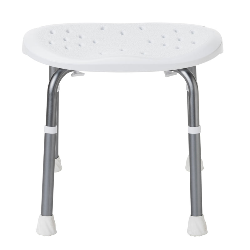 A white plastic shower seat with a perforated drainage design, supported by four adjustable silver metal legs with white non-slip feet, shown on a plain white background.
