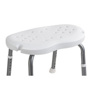 White molded shower seat with textured non-slip surface and a cutout, mounted on adjustable gray metal legs with white foot caps, shown on a white background.