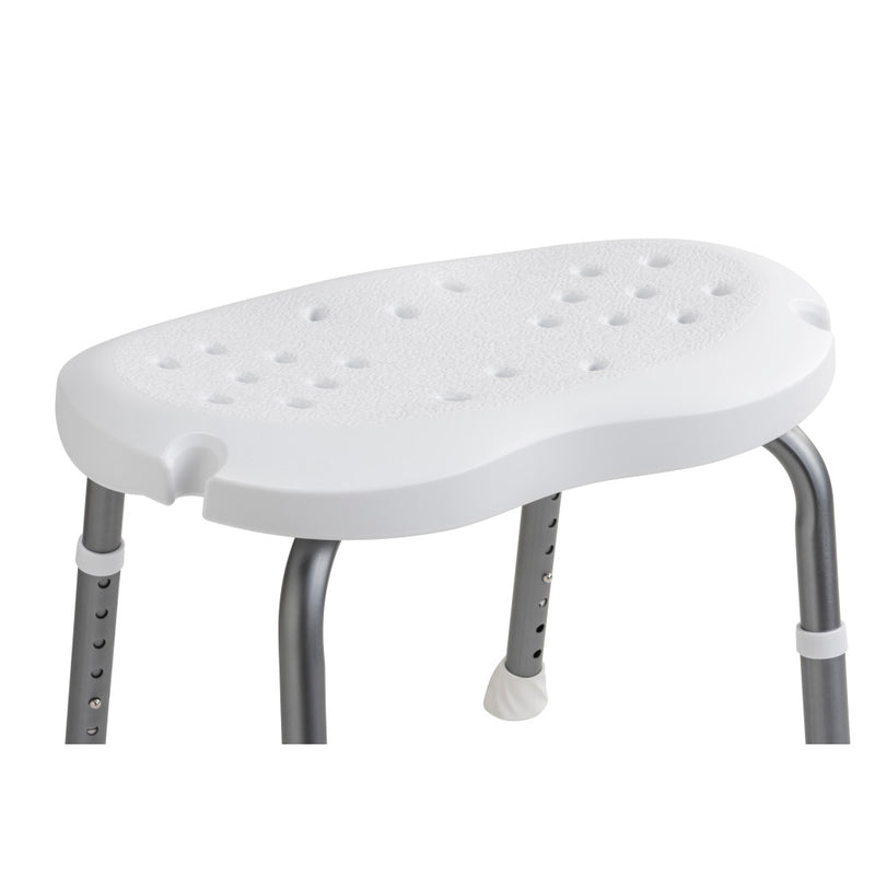 White molded shower seat with textured non-slip surface and a cutout, mounted on adjustable gray metal legs with white foot caps, shown on a white background.