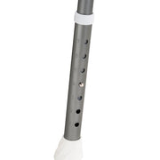 Close-up of a gray adjustable support leg with numbered adjustment holes and white plastic end caps on a white background.