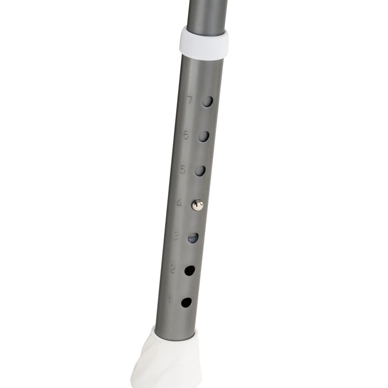 Close-up of a gray adjustable support leg with numbered adjustment holes and white plastic end caps on a white background.