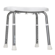 A gray adjustable shower stool with a white plastic seat and white protective foot caps, shown on a plain white background.