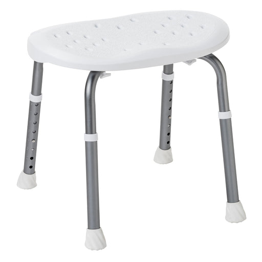 Adjustable shower bench with a white perforated plastic seat and silver metal legs with white non-slip feet, shown on a plain white background.