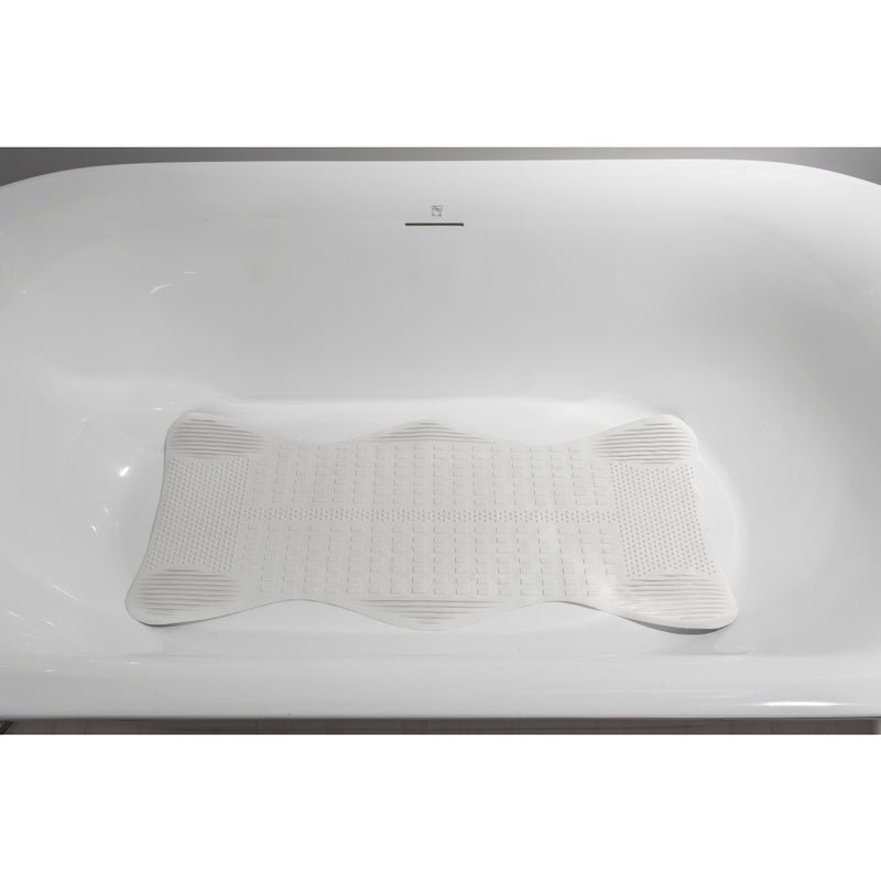A white textured bath mat designed for a bathtub, shown placed inside a white bathtub.