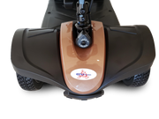 Close-up of a scooter with a visible brand logo on a white background