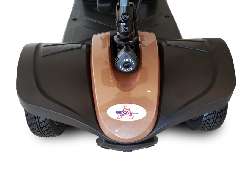 Close-up of a scooter with a visible brand logo on a white background
