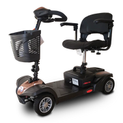 Black mobility scooter with a basket on a white background