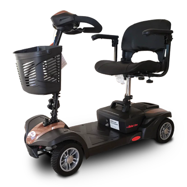 Black mobility scooter with a basket on a white background